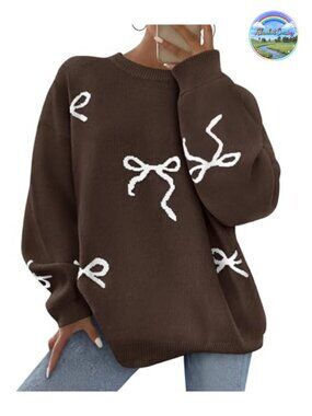 Oversized Cute Bow Print Pullover Sweater Long Sleeve Crew Neck